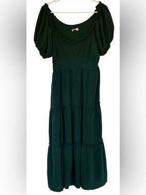 DGMYG Hunter Green Tiered Peasant Puffed Sleeve Ruffle  Midi Boho Dress SzL